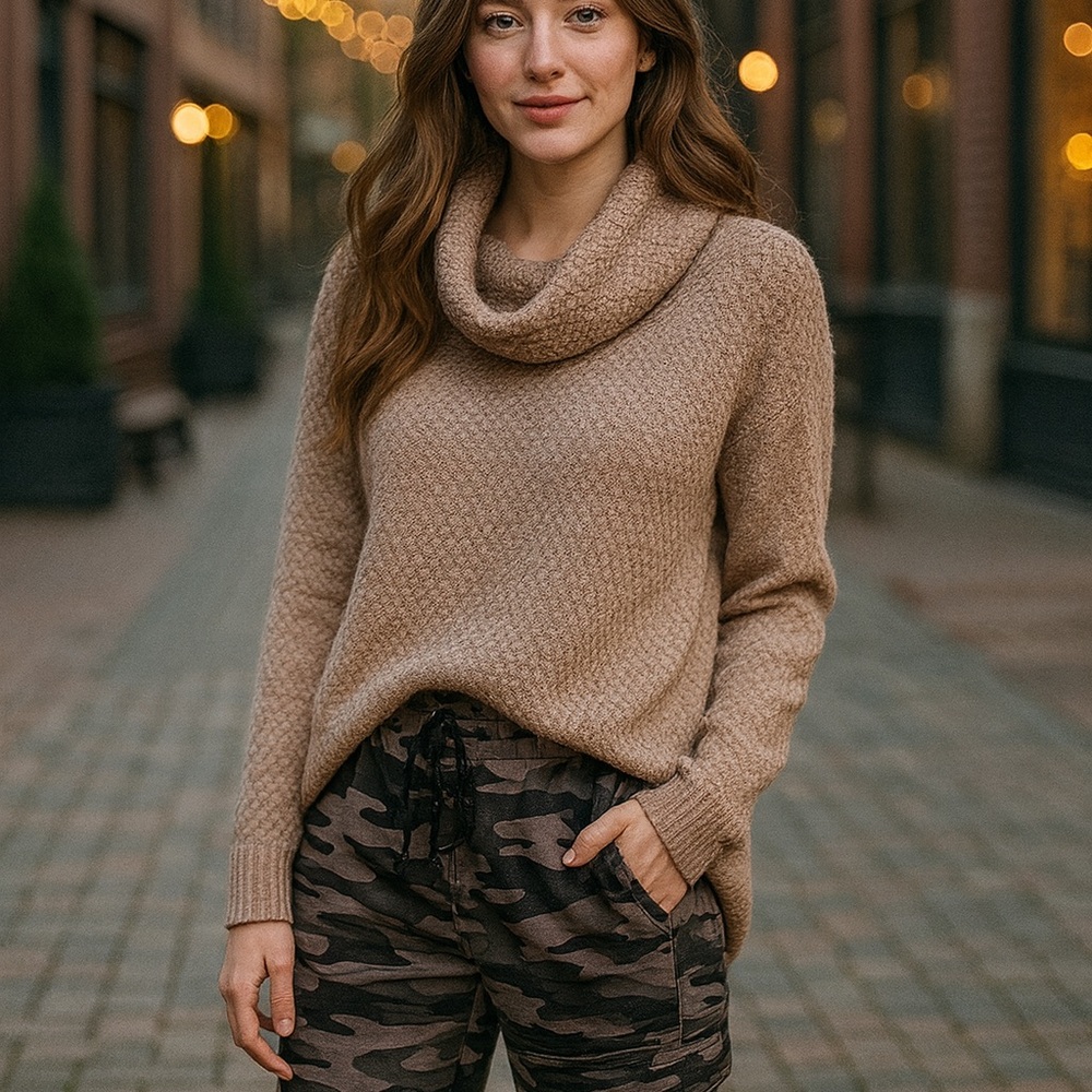 If It Were Me Tan Textured Cowl Neck Sweater Size Large Cozy Neutral Knit